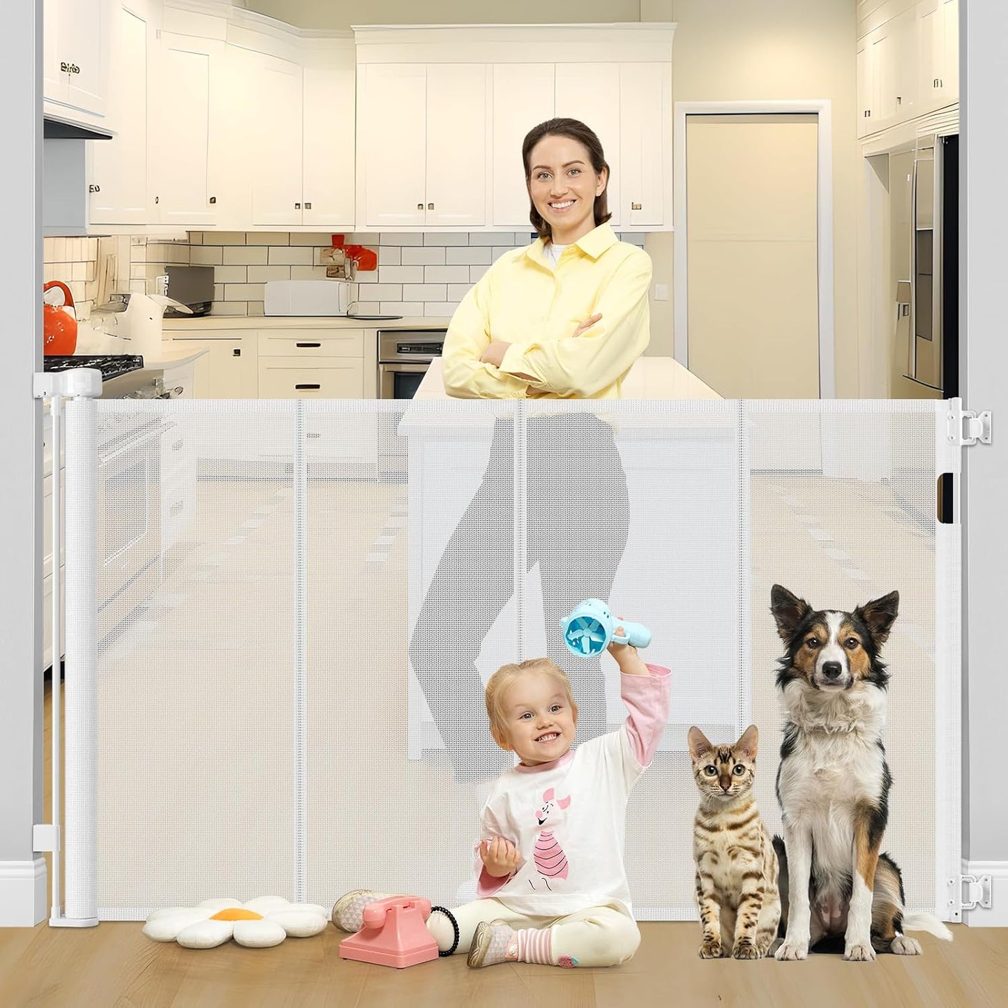 42 Inch Extra Tall Retractable Baby Gates with Reinforced Strips 55 Inch Wide Outdoor Retractable Dog Gate No Sag Extra Tall Baby Gate for Doorway Anti-Scratch Mesh Gates for Kids or Pets, White