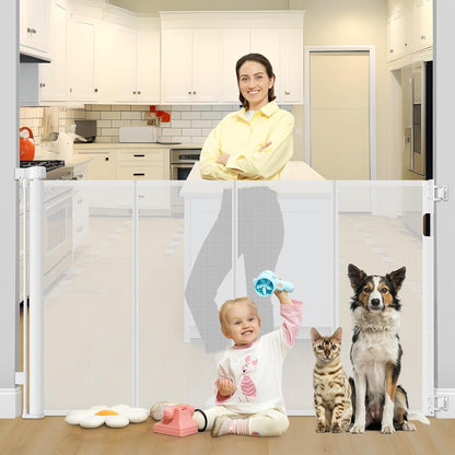 42 Inch Extra Tall Retractable Baby Gates with Reinforced Strips 55 Inch Wide Outdoor Retractable Dog Gate No Sag Extra Tall Baby Gate for Doorway Anti-Scratch Mesh Gates for Kids or Pets, White