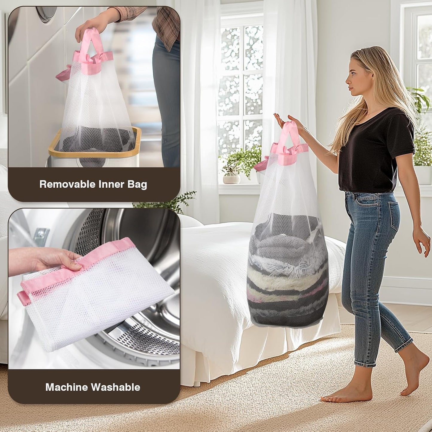 160L Laundry Hamper with Lid, 3 Section Laundry Basket with 3 Removable Bag | Clothes Hampers for Laundry with Bamboo Frame Handle, Large Dirty Clothes Hamper for Laundry Room, Bathroom, Bedroom, Black