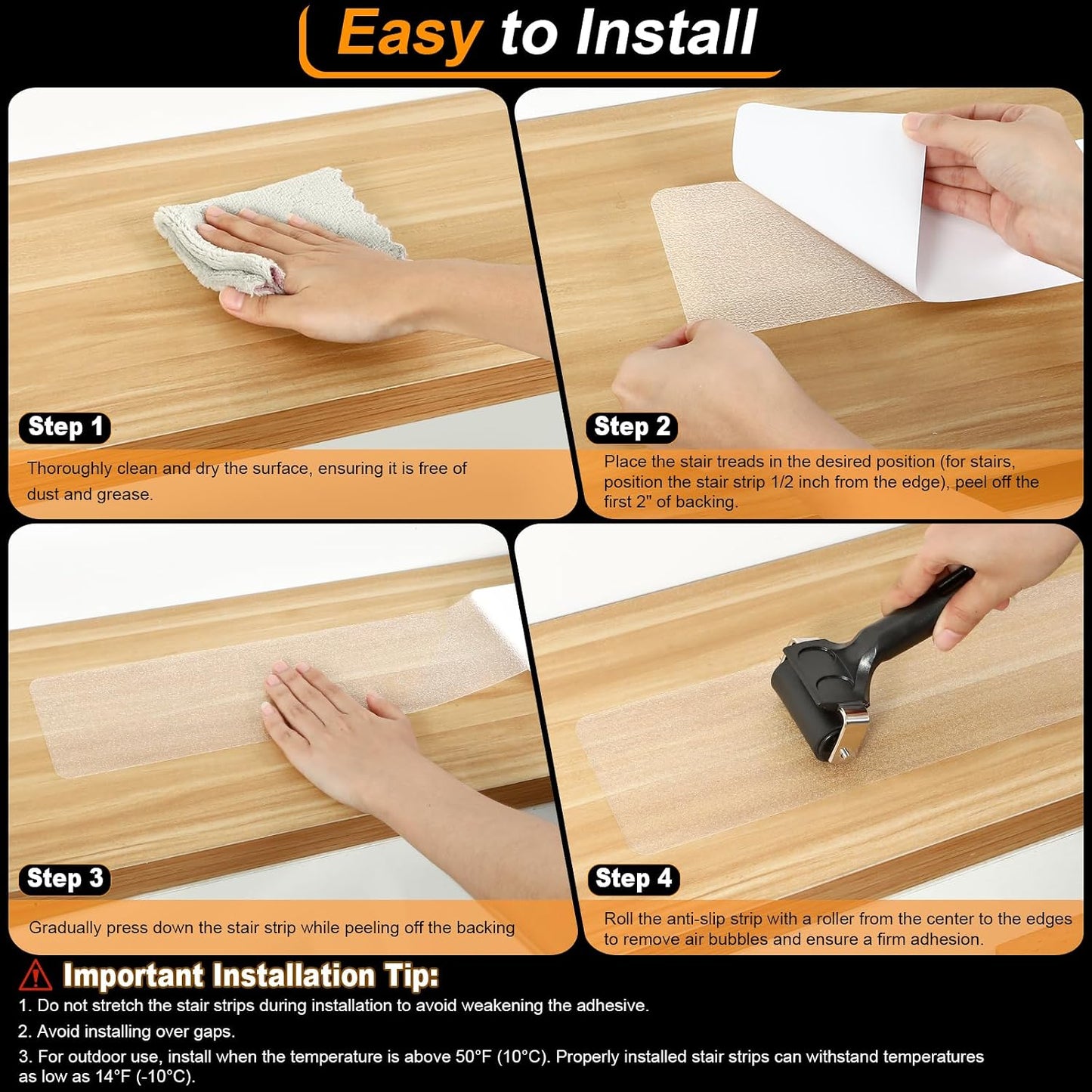 SMILOOL Clear Non-Slip Treads for Wooden Steps Indoor 5 Pack 4" x 32" Pre-Cut Anti-Slip Strips, Grip Tape Transparent Grips for Wood Stairs, Dogs, Kids and Pets, Waterproof