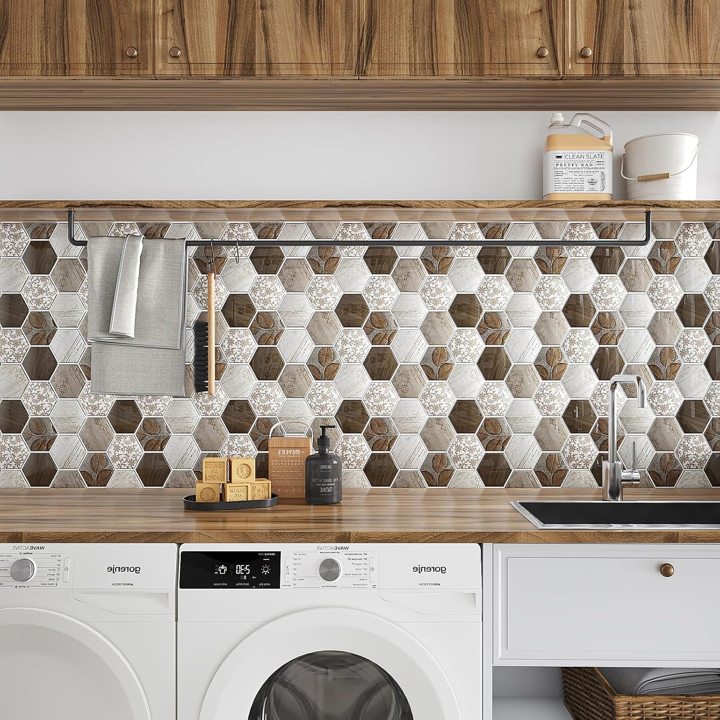 VEELIKE Boho Hexagon Peel and Stick Backsplash Tile Decals 6-Sheets Adhesive Waterproof Stick on Backsplash for Kitchen Bathroom 12''x12'' Temporary Wall Tile Stickers for Renters Laundry Fireplace