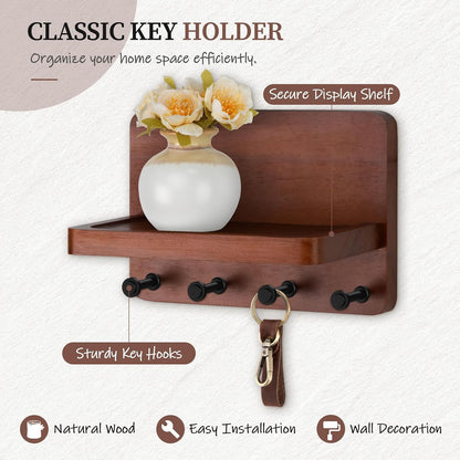 Nekon Key Holder for Wall with Shelf, Pine Wooden Key Hanger Wall Mounted, Farmhouse Wall Organizer for Home Entryway & Apartment (Standard, Wood)