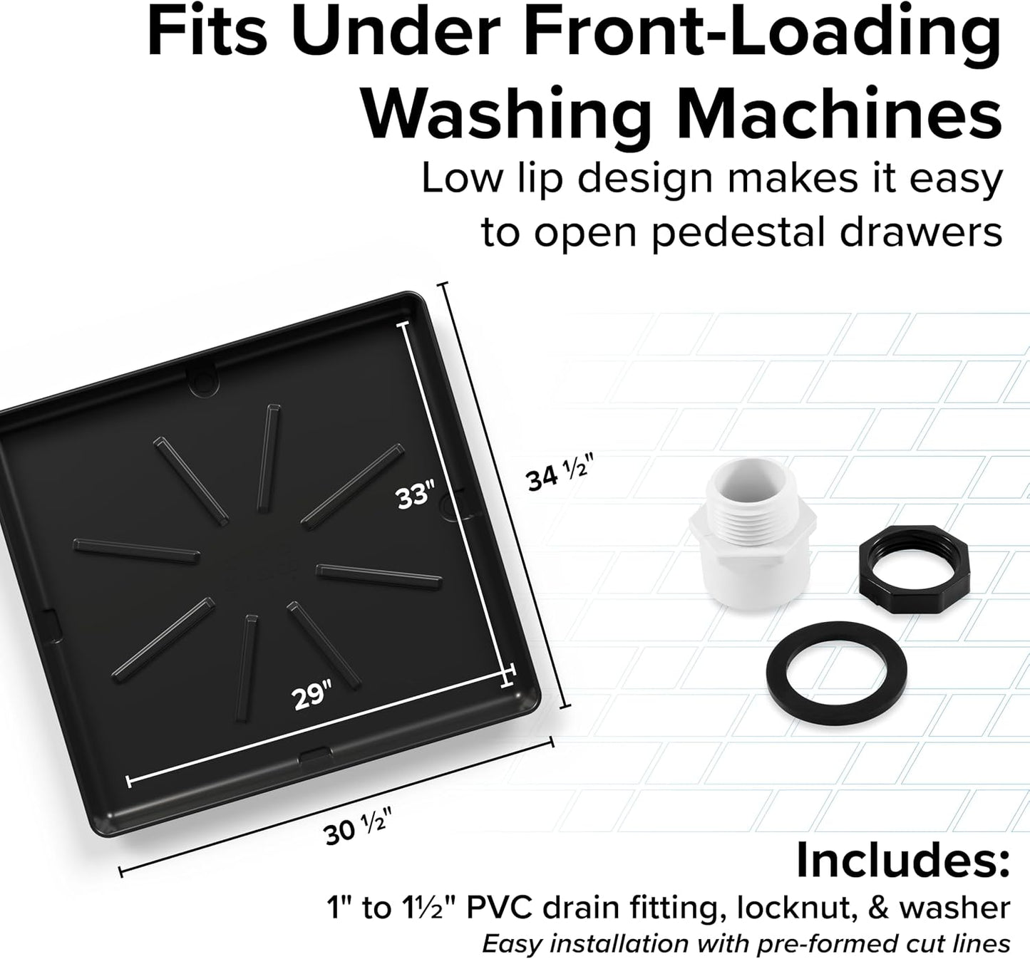 Camco Washing Machine Drain Pan - Features a Durable Plastic Construction, 1-inch/1.5-inch PVC Drain Fitting, and Measures 30-inches (L) x 32-inches (W) x 2 ½-inches (H) (OD) (20750)