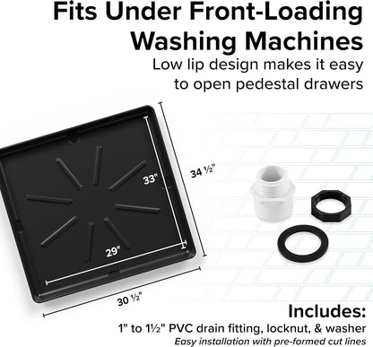 Camco Washing Machine Drain Pan - Features a Durable Plastic Construction, 1-inch/1.5-inch PVC Drain Fitting, and Measures 30-inches (L) x 32-inches (W) x 2 ½-inches (H) (OD) (20750)
