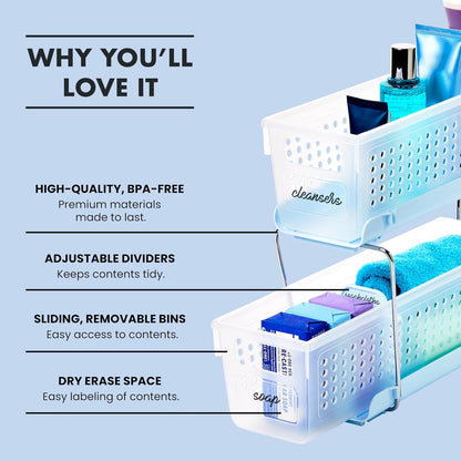madesmart 2 Tier Bath Organizer, Under Cabinet Storage with Sliding Drawers, for Cleaning Supplies, Pantry, Sponges, Bottles & Kitchen Essentials, Adjustable Dividers & Pull Out Sliding Baskets, Blue