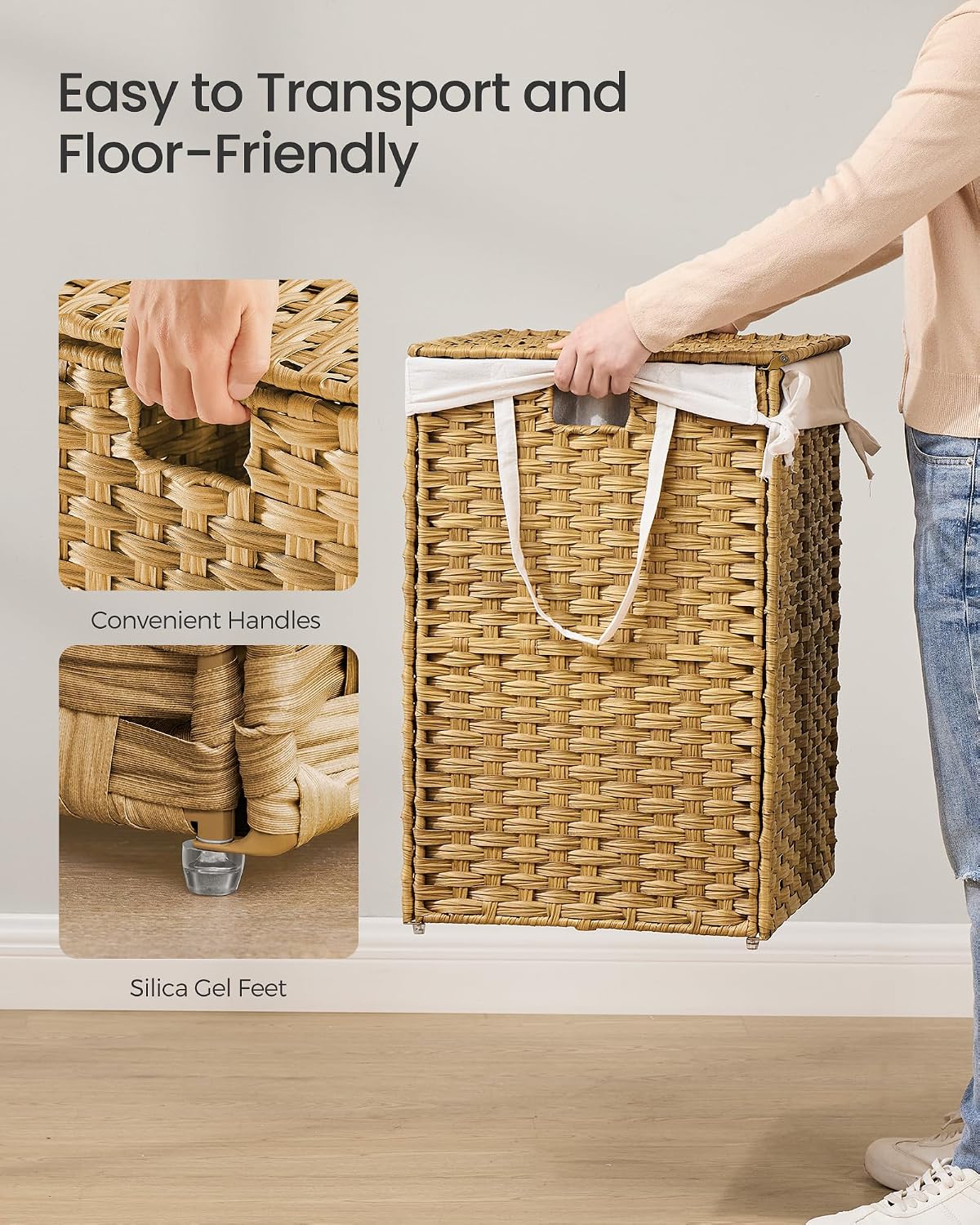 SONGMICS Laundry Hamper with Lid, 23.8 Gallon (90 L) Synthetic Rattan Clothes Laundry Basket with Lid and Handles, Foldable, Removable Liner, Chestnut Brown ULCB051K02