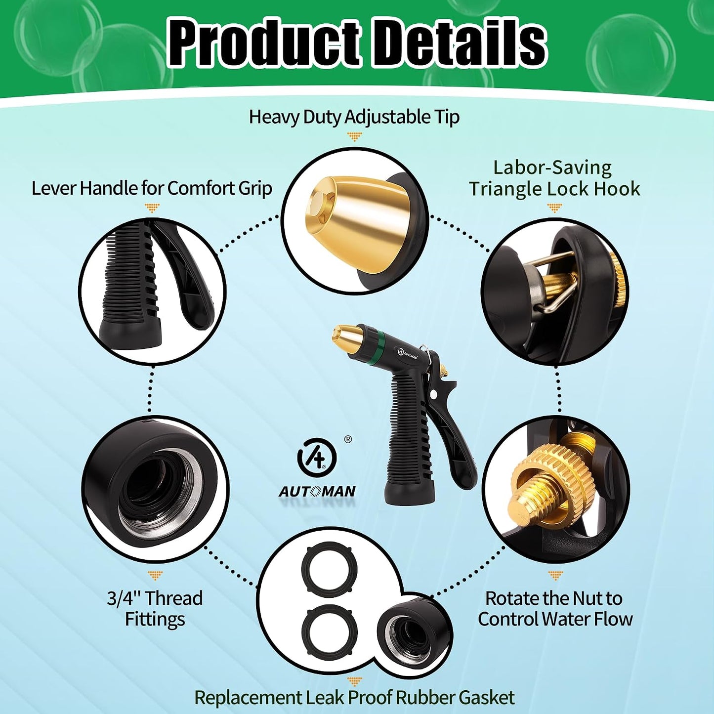 AUTOMAN Garden Hose Nozzle - 100% Metal High Pressure Spray Nozzle, Adjustable Spray Patterns, Labor-Saving, Heavy Duty for Garden Watering, Car Washing, Window Cleaning, Pets Showering