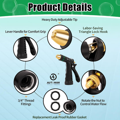 AUTOMAN Garden Hose Nozzle - 100% Metal High Pressure Spray Nozzle, Adjustable Spray Patterns, Labor-Saving, Heavy Duty for Garden Watering, Car Washing, Window Cleaning, Pets Showering