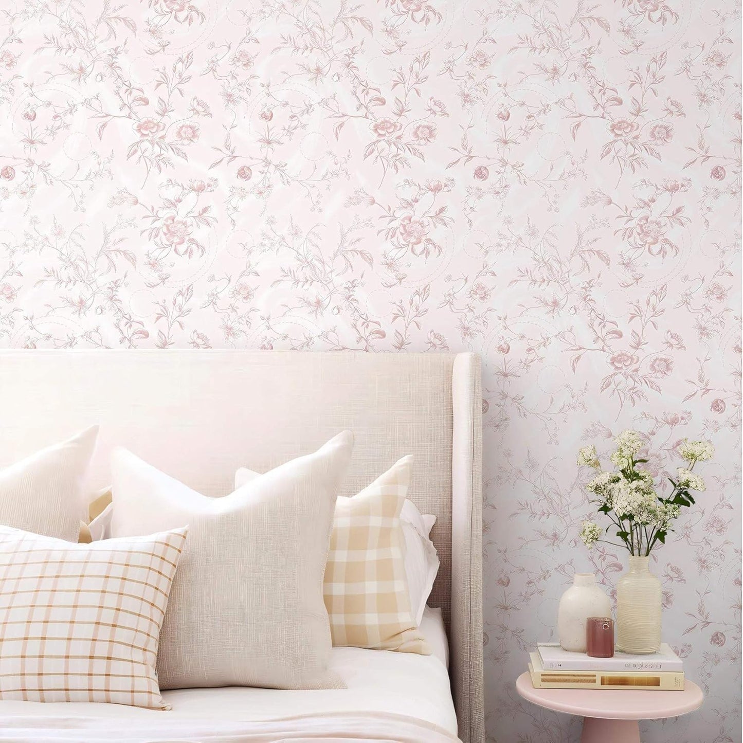 Ismoon Peel and Stick Wallpaper Floral Vintage Stick on Wall Paper Beige French Textured Contact Paper for Cabinet Removable Self Adhesive Wallpaper Vinyl Roll Shelf Deco, 17.3x78.7in
