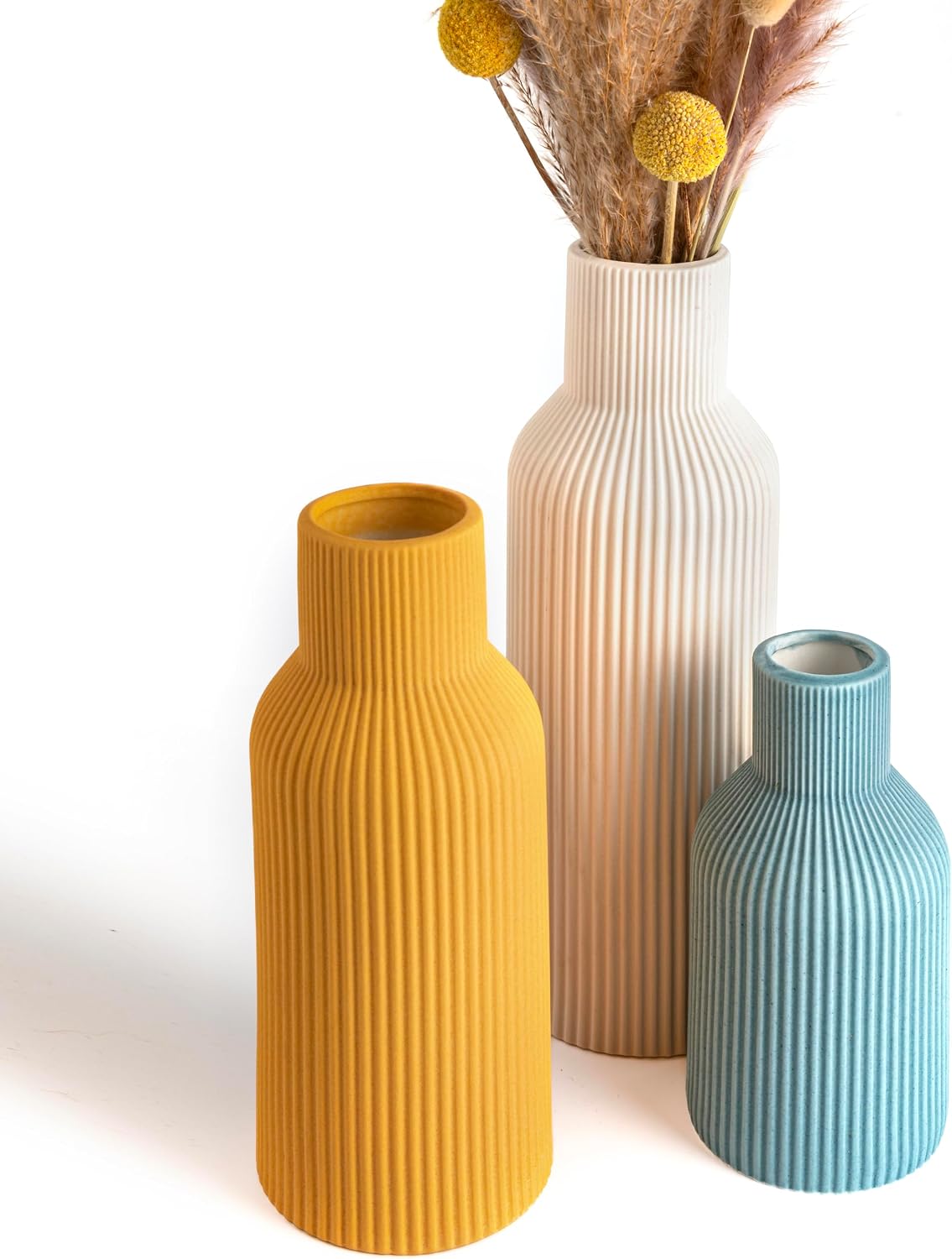 White Ceramic Flower Vases Set of 3, Modern Matte Vertical Ribbed, Nordic Minimalist Decor for Pampas, Dried & Fresh Flowers, Centerpiece for Living Room, Shelf, Entryway, Wedding,Office
