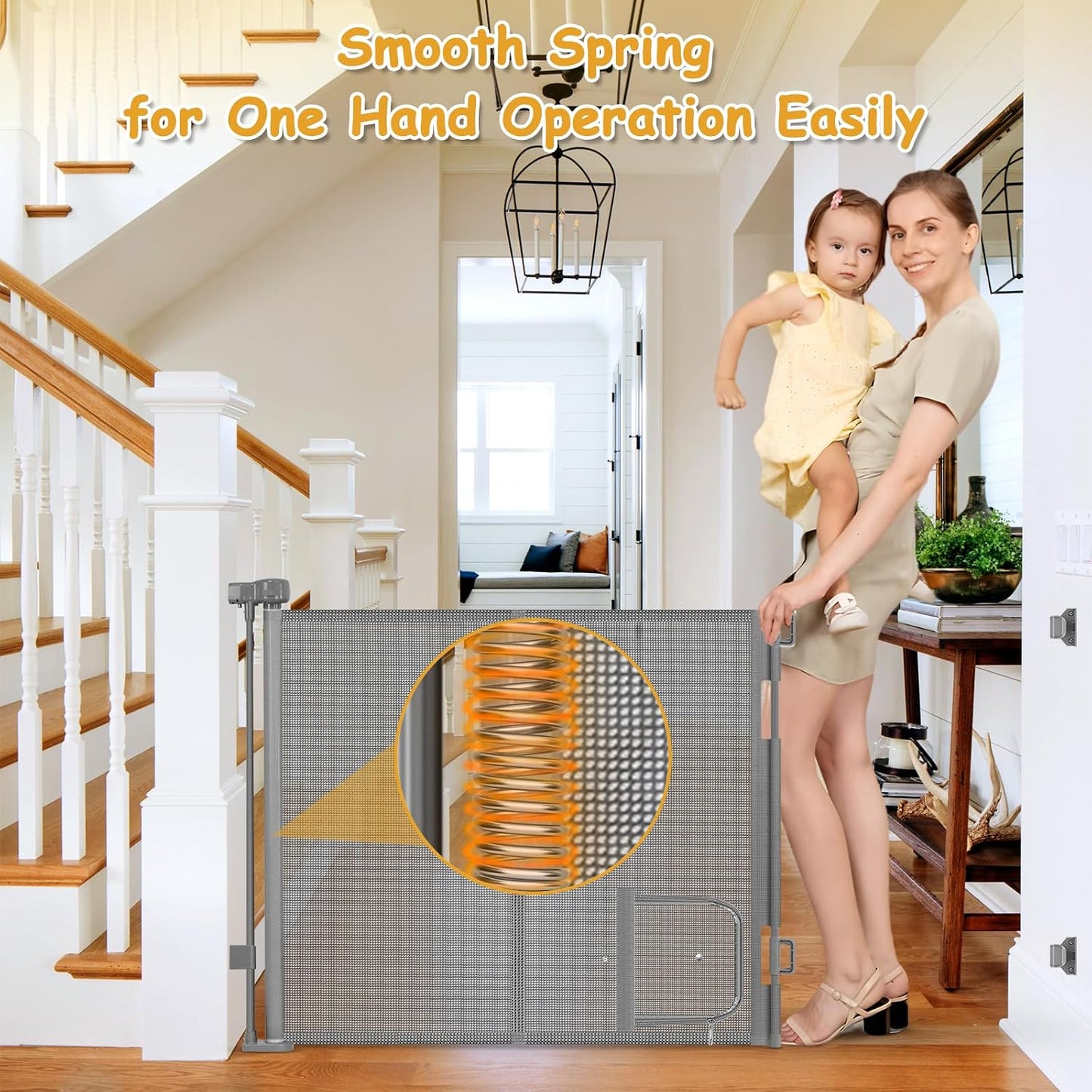 Reinforced 60” Wide Retractable Pet Gate with Cat Door Mesh Baby Gate for Stairs with Reinforced Strips Retractable Dog Gates with Cat Door Mesh Dog Gates for Doorways Separating Dogs from Cats, White