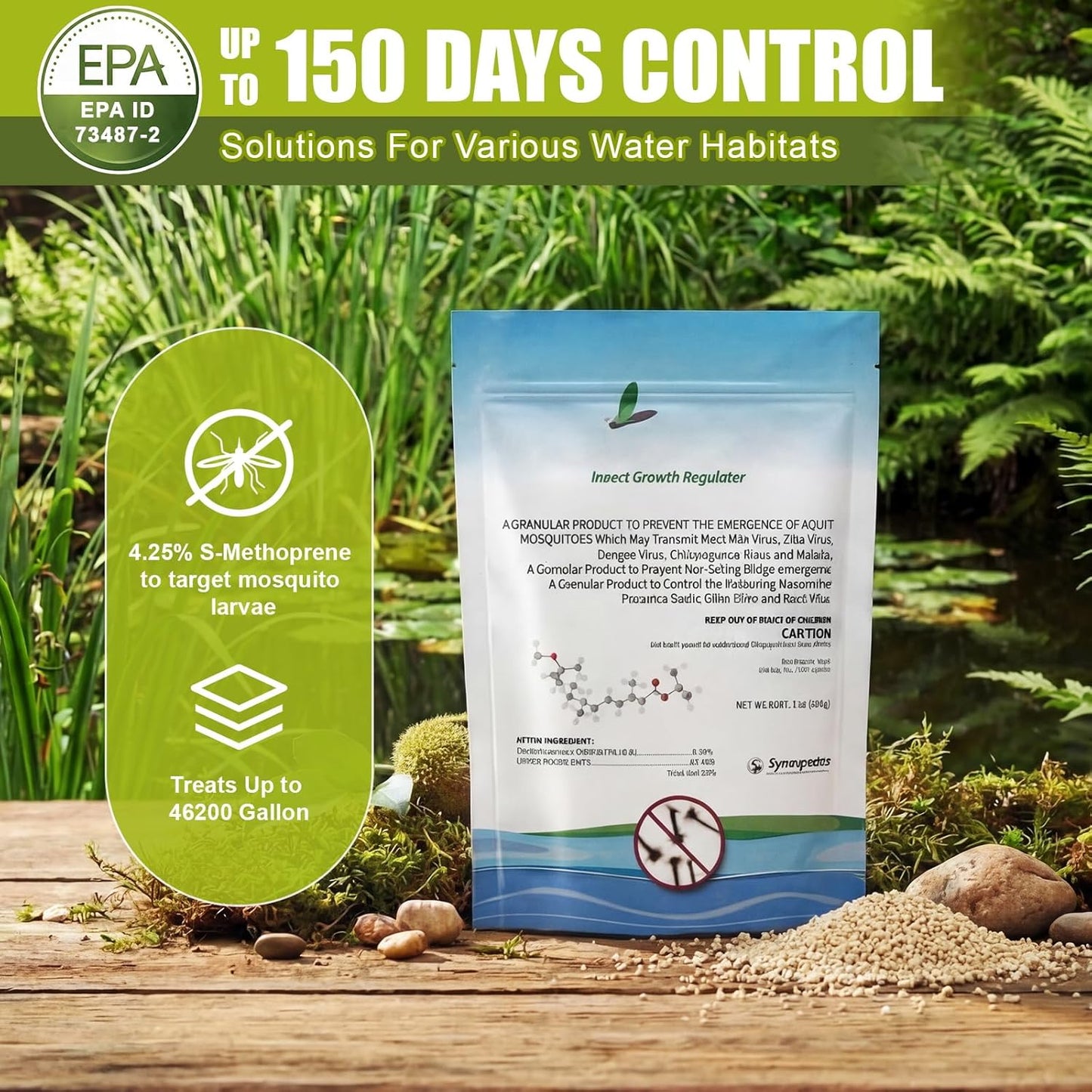 Biological Mosquito Control Pouches Dissolves in Water with Measuring Spoon Treats Up to 18744 Gallon 4.25% S-Methoprene IGR Larvae Won't Harm Fish Birds EPA Certified Rain Bath Pool 142g