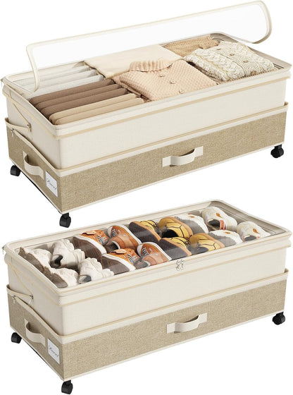 Kitstorack Under Bed Storage with Wheels 2Pack Height-adjustable Under Bed Storage Containers,Under Bed Shoe Storage Organizer with Clear Window&Label, Suitable for Clothes Storage, Gray