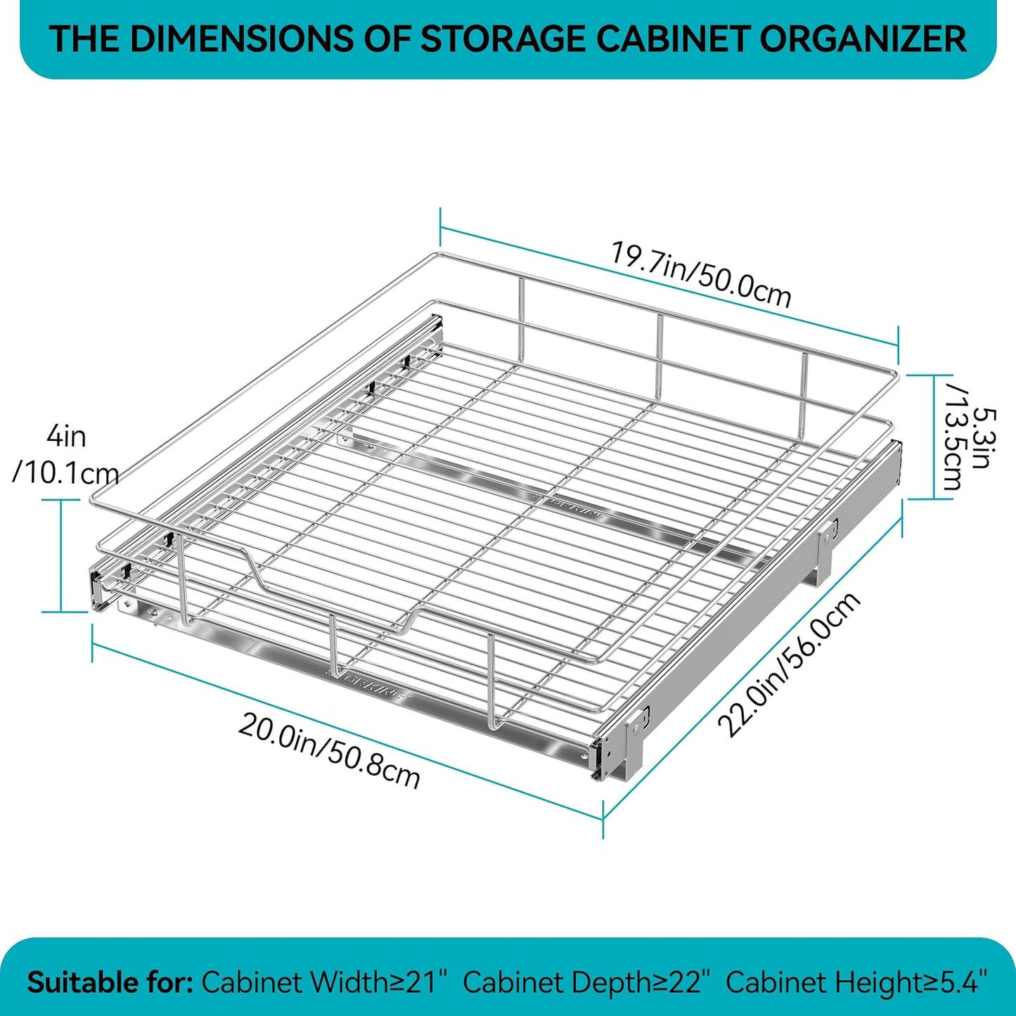 2 Tier Pull Out Cabinet Organizer 11" W X 22" D, Slide Out Drawers For Kitchen Cabinets, Pull Out Drawers For Cabinets Capacity Heavy Duty Caddy, Cabinet Pullout Shelves Chrome-Plated, Bathroom Pantry