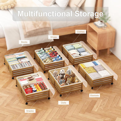 Under Bed Storage Containers With Wheels - 2 Pcs Bamboo Wood Rolling Underbed Shoe Storage Bins With Dust Bags for Clothes Blankets, Duvet Covers Snacks Toys (Natural)