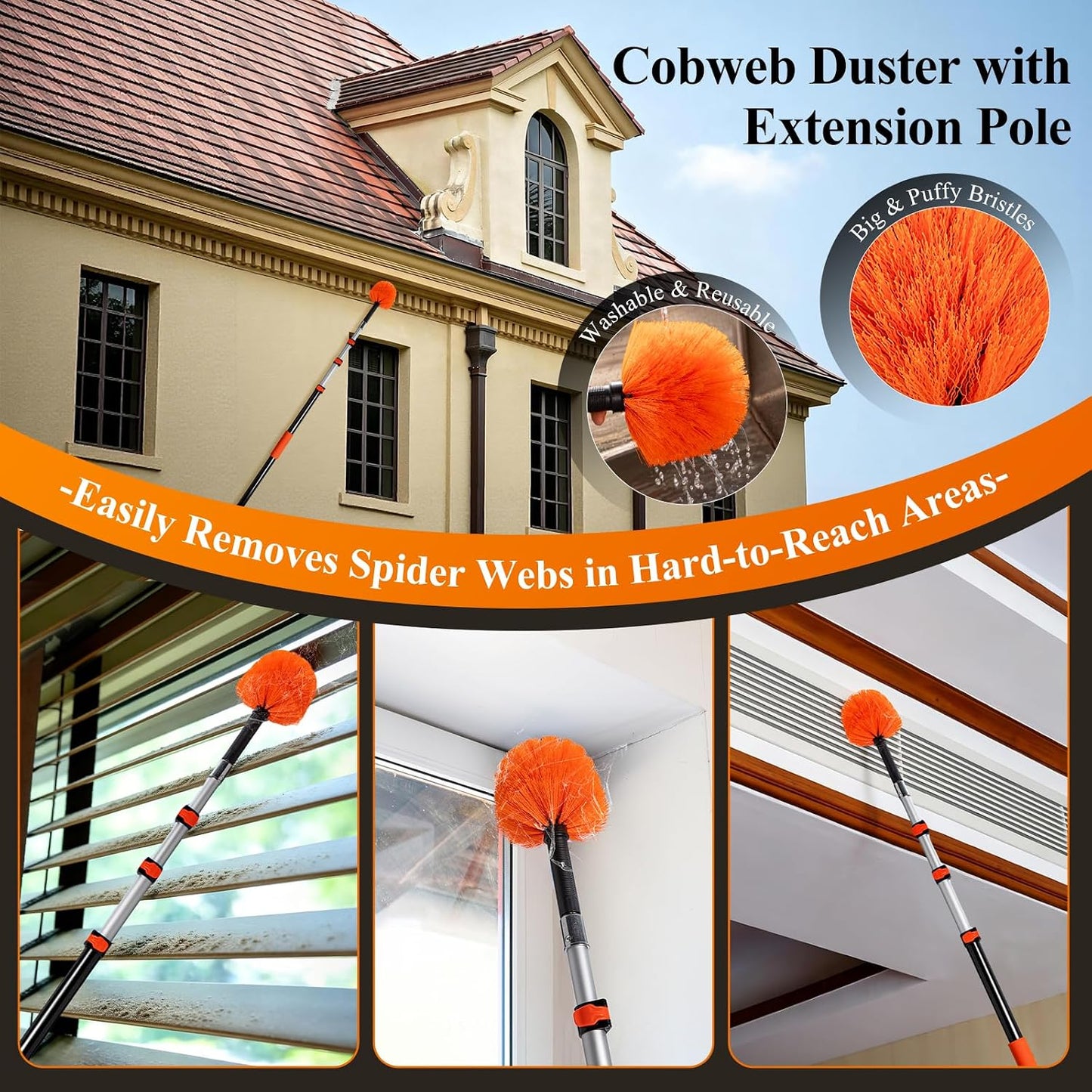 26ft High Reach Duster Kit with 5-20ft Heavy-Duty Extra Long Extension Pole, Vaulted Ceiling Cobweb Brush, Washable Ceiling Fan Duster, Microfiber Duster & Window Squeegee for Tall Ceiling
