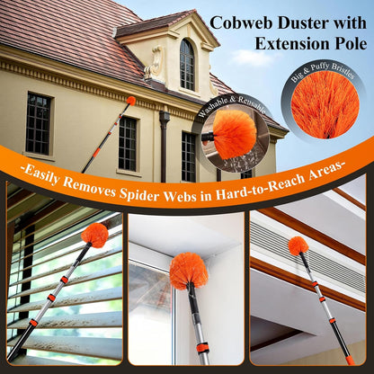 26ft High Reach Duster Kit with 5-20ft Heavy-Duty Extra Long Extension Pole, Vaulted Ceiling Cobweb Brush, Washable Ceiling Fan Duster, Microfiber Duster & Window Squeegee for Tall Ceiling