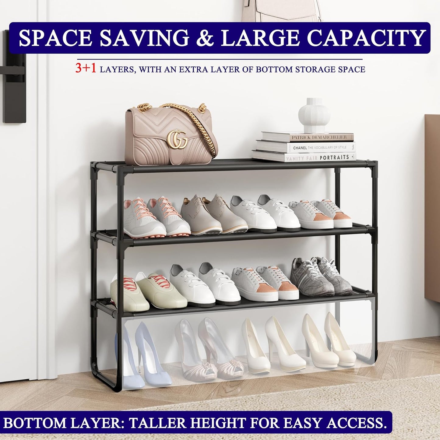 Long Shoe Rack, 3-Tier Stackable Shoe Organizer for Closet, Entryway, Hallway, Extra Bottom Layer, Holds 16-20 Pairs, Sturdy & Durable Waterproof Fabric Shelf, Space-Saving,Black(35.8" Wide)