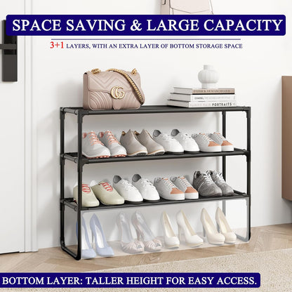Long Shoe Rack, 3-Tier Stackable Shoe Organizer for Closet, Entryway, Hallway, Extra Bottom Layer, Holds 16-20 Pairs, Sturdy & Durable Waterproof Fabric Shelf, Space-Saving,Black(35.8" Wide)