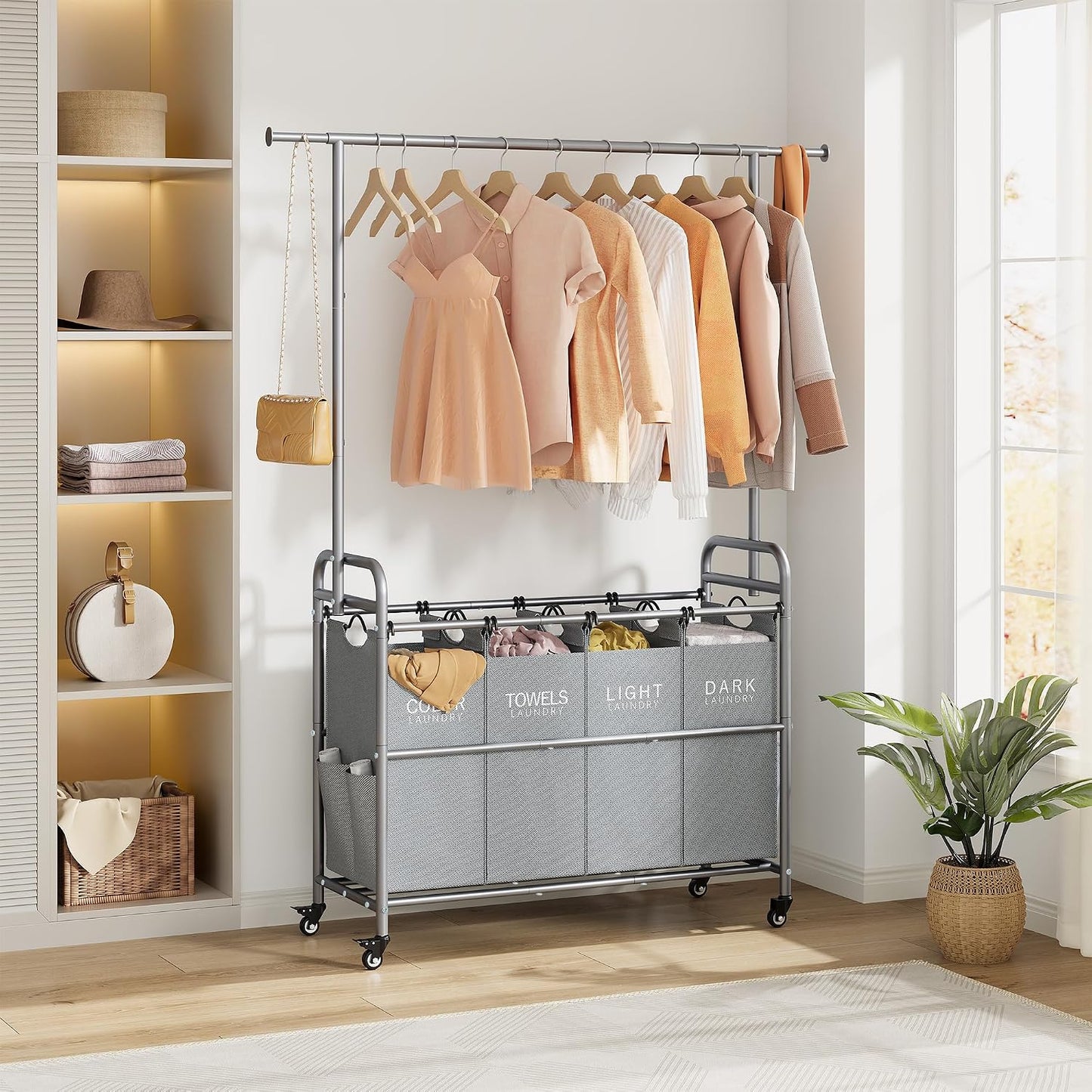 Tajsoon Laundry Hamper with Hanging Rack, 3 Section Laundry Sorter with Heavy Duty Lockable Wheels, Laundry Basket Organizer for Dirty Clothes Storage, 3 Beige