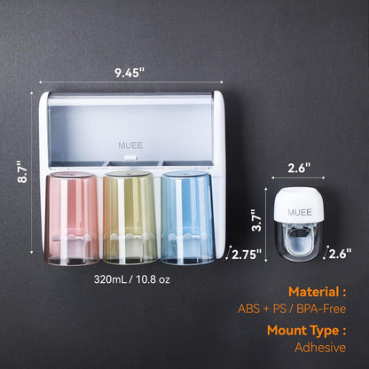 Toothbrush Holder Wall Mounted with Automatic Toothpaste Dispenser, Dustproof Flip Cover and Inverted Cup Slots, Multi-Functional No-Drill Bathroom Organizer for Family, Space Saver (3 Cups)
