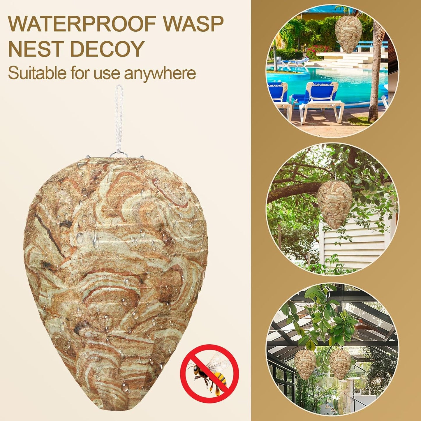DECYOOL 2 Pack Fake Wasp Nest Decoy Outdoor Waterproof Material | Waterproof Material, Eaves/Garbage/Pool Areas, Territorial Hive Mimicry, Includes 2 Hanging Ropes for Easy Setup