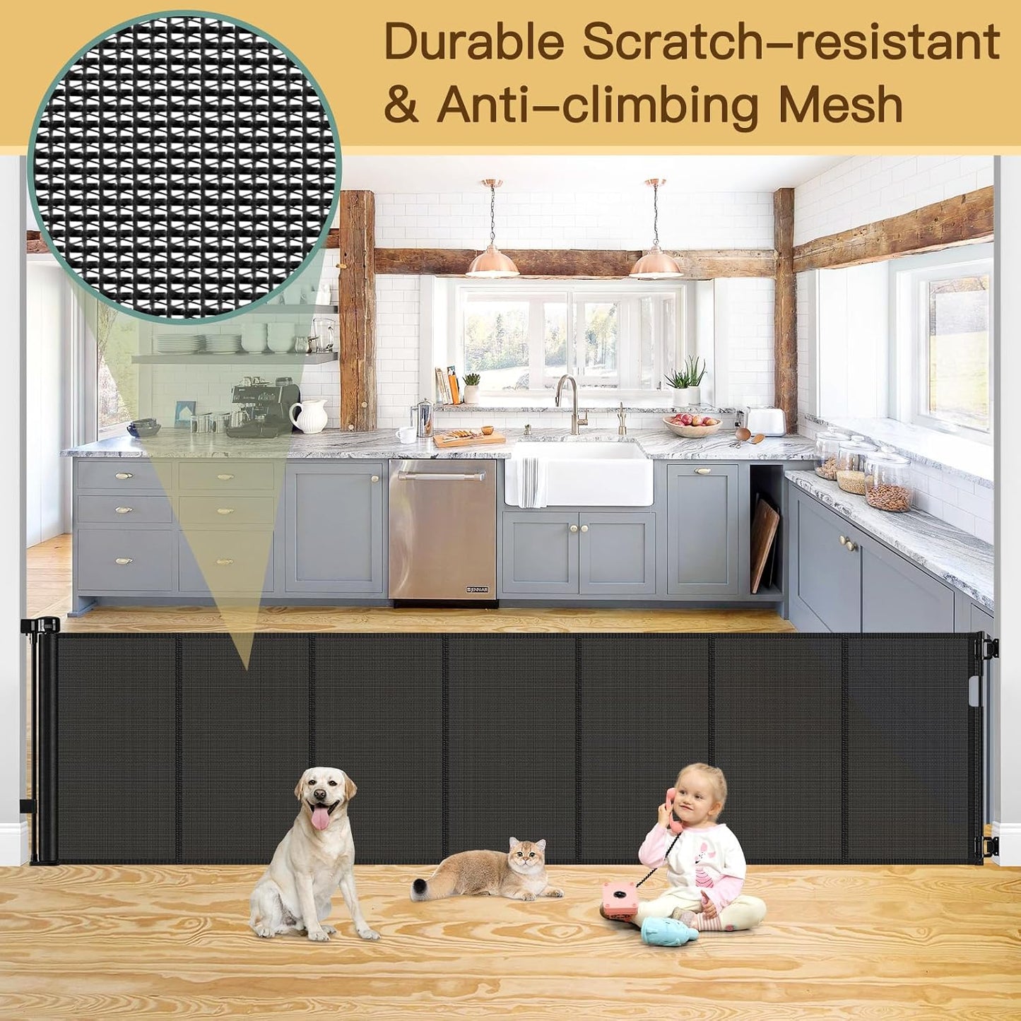 Reinforced 55" Wide Retractable Baby Gates with Reinforced Strips, Indoor/Outdoor Retractable Dog Gate for Doorway Prevent Bottom Drilling Through, No Bottom Bar Safety Mesh Baby Gate for Stair, Black