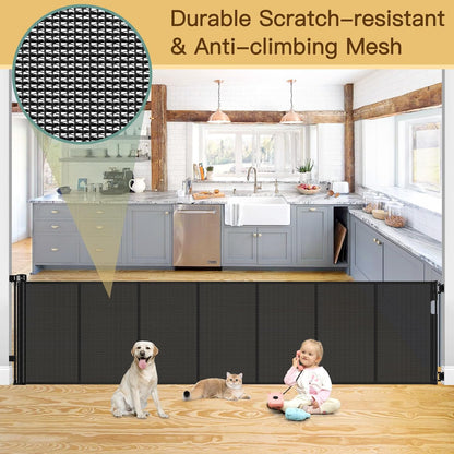 Reinforced 55" Wide Retractable Baby Gates with Reinforced Strips, Indoor/Outdoor Retractable Dog Gate for Doorway Prevent Bottom Drilling Through, No Bottom Bar Safety Mesh Baby Gate for Stair, Black