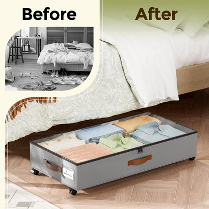 LAMU Under Bed Storage with Wheels, 2 Pack Under Bed Storage Containers with Clear Lids & Label, Rolling Under Bed Drawers for Clothes, Shoes, Blankets, Black