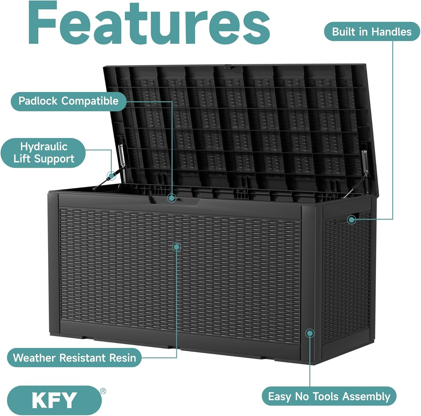 320 Gallon Waterproof Outdoor Storage Box, UV Resistant Resin Deck Box with Hydraulic Rod for Reinforced Stability, Perfect for Patio, Garden, and Pool（Black，320 Gallon）