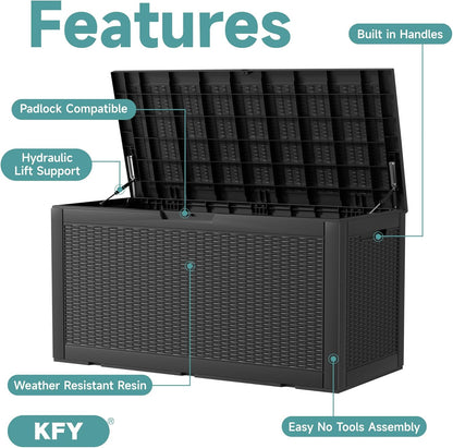 320 Gallon Waterproof Outdoor Storage Box, UV Resistant Resin Deck Box with Hydraulic Rod for Reinforced Stability, Perfect for Patio, Garden, and Pool（Black，320 Gallon）