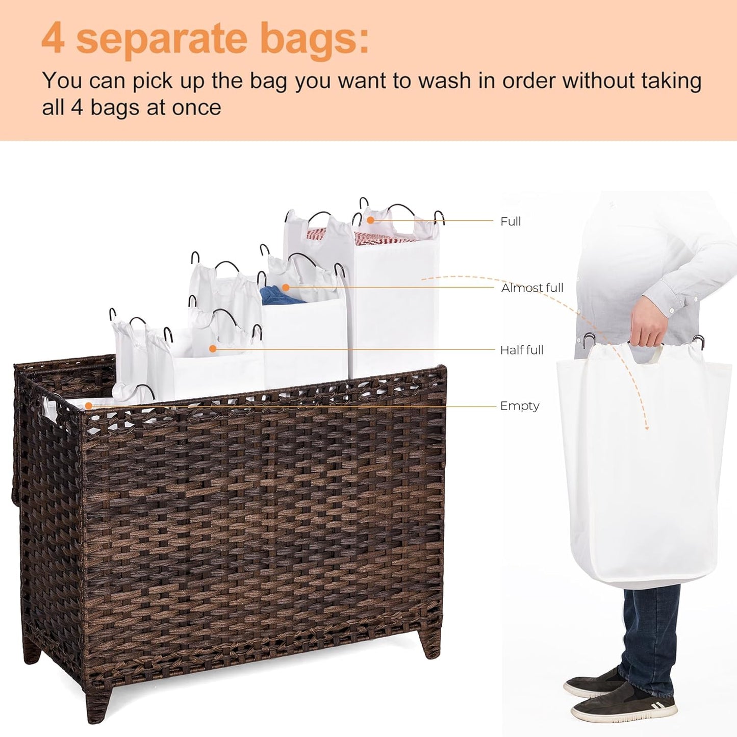 Laundry Hamper with 3 Removable Liner Bags; 132L Handwoven Rattan Laundry Basket with Lid & Heightened Feet; Clothes Hamper with Side Handles; Laundry Sorter with 3 Separate Sections