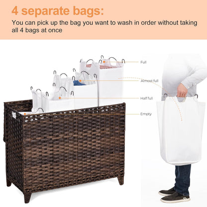 Laundry Hamper with 3 Removable Liner Bags; 132L Handwoven Rattan Laundry Basket with Lid & Heightened Feet; Clothes Hamper with Side Handles; Laundry Sorter with 3 Separate Sections