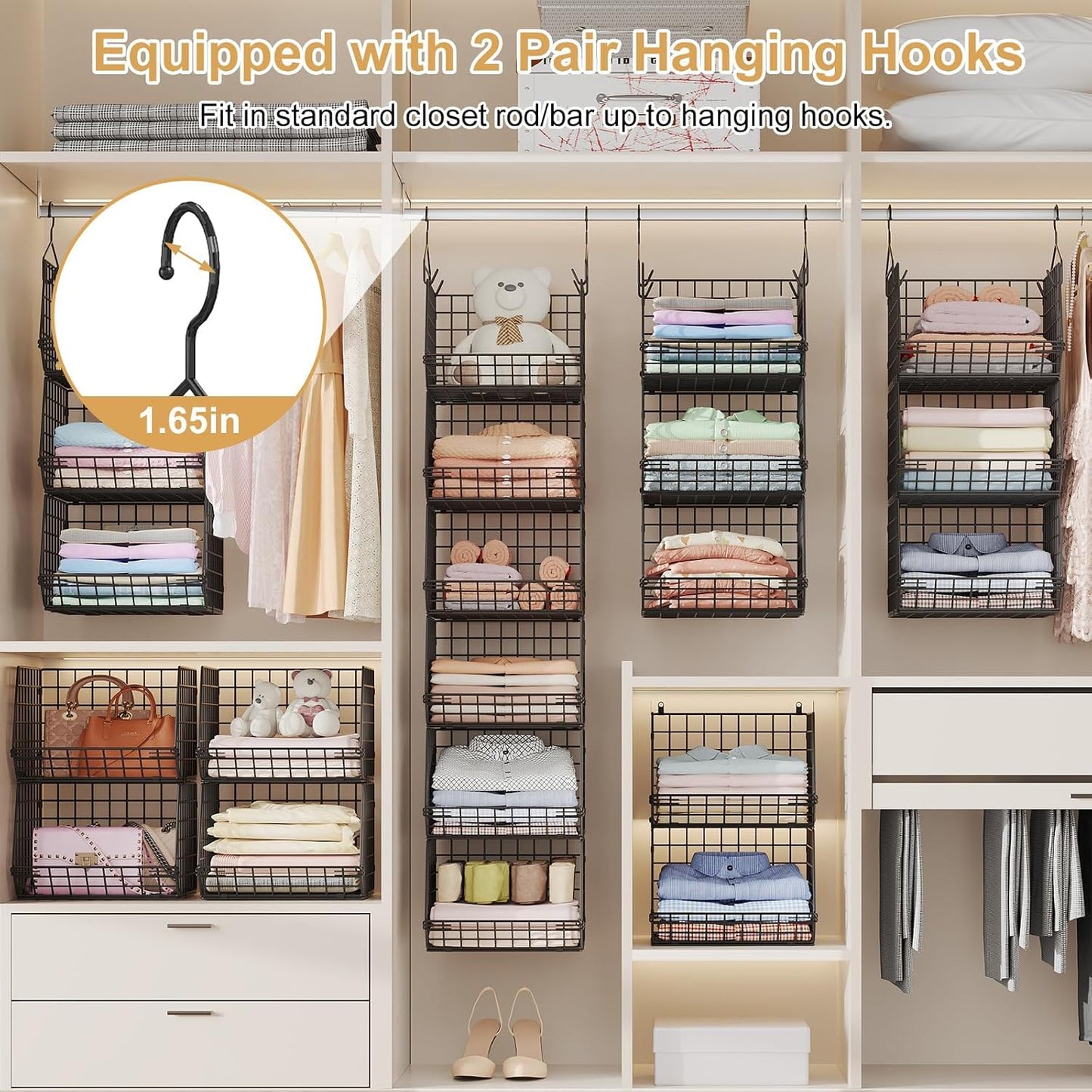 X-cosrack 6 Tier Closet Hanging Organizer, Clothes Hanging Shelves with 4 Hanging Hooks 5 S Hooks, Wire Storage Basket Bins, for Clothing Sweaters Shoes Handbags Clutches Accessories Patent