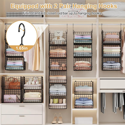 X-cosrack 6 Tier Closet Hanging Organizer, Clothes Hanging Shelves with 4 Hanging Hooks 5 S Hooks, Wire Storage Basket Bins, for Clothing Sweaters Shoes Handbags Clutches Accessories Patent