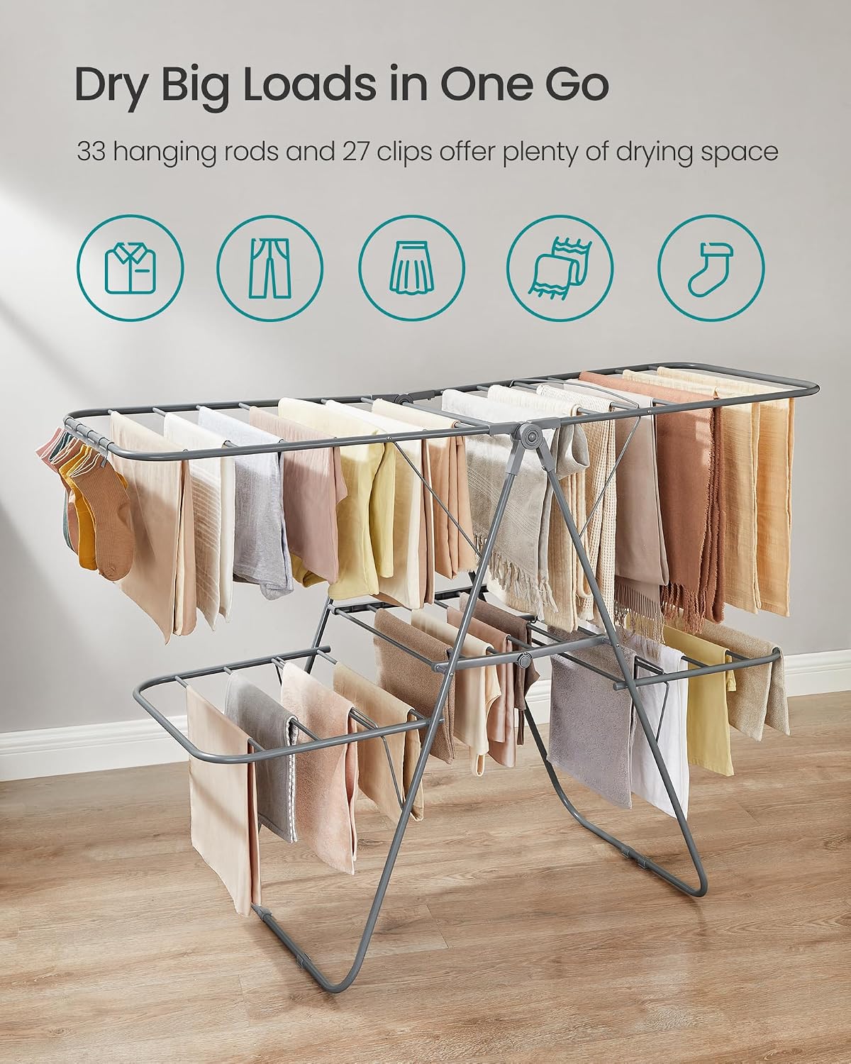 SONGMICS Clothes Drying Rack, Foldable 2-Level Laundry Drying Rack, Free-Standing Laundry Airer, with Height-Adjustable Wings, 33 Drying Rails, Sock Clips, Silver and Blue ULLR53BUV1