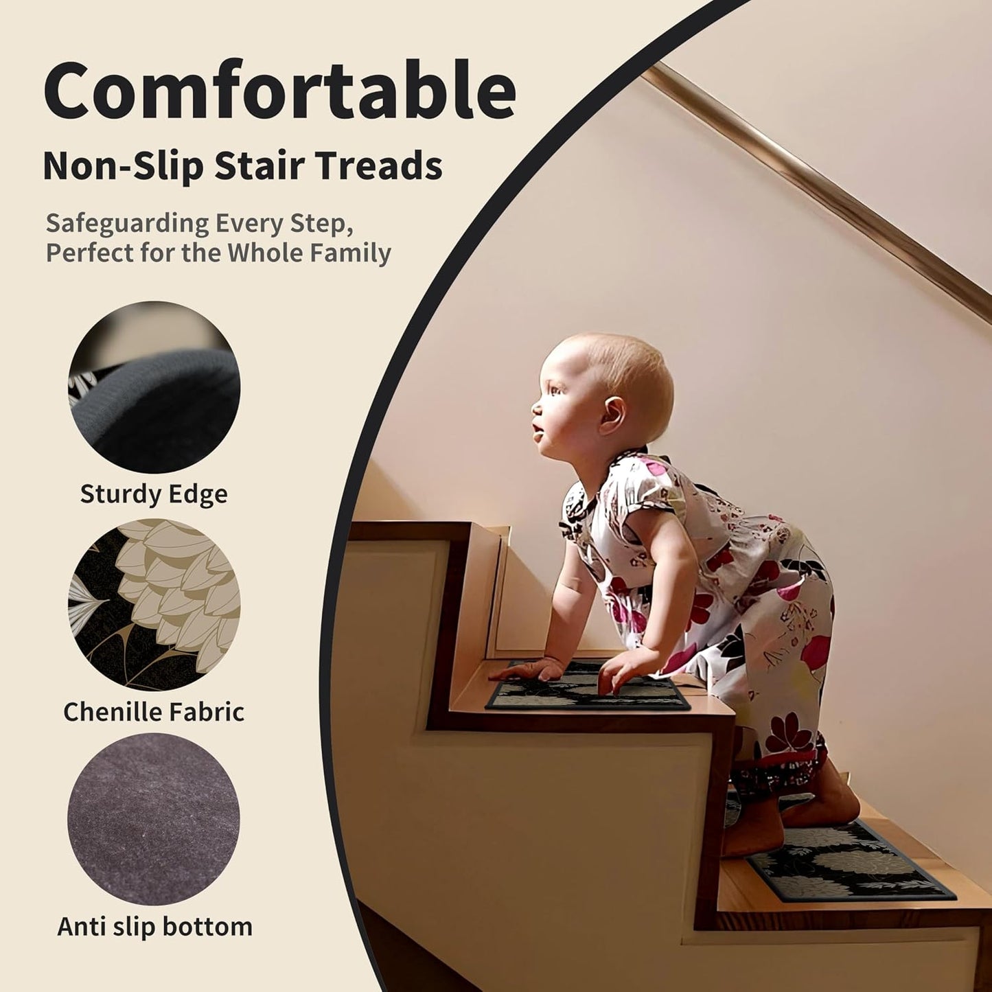 Non-Slip Carpet Stair Treads 15PCS, 8"x30" Peel and Stick Stair Runner for Wooden Steps Indoor, Washable Reusable Adhesive Backing, Pet-Friendly Safety Mats for Kids, Elders, Dogs