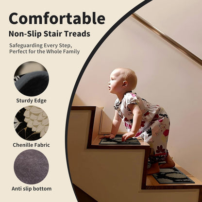 Non-Slip Carpet Stair Treads 15PCS, 8"x30" Peel and Stick Stair Runner for Wooden Steps Indoor, Washable Reusable Adhesive Backing, Pet-Friendly Safety Mats for Kids, Elders, Dogs