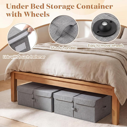 Geelin 4 Pack Under Bed Storage with Wheels, 10 Inch Height 65L Large Capacity Foldable Underbed Storage Bins with Lids & Handles, Easy Assembly Rolling Under Bed Containers for Clothes Blankets Shoes