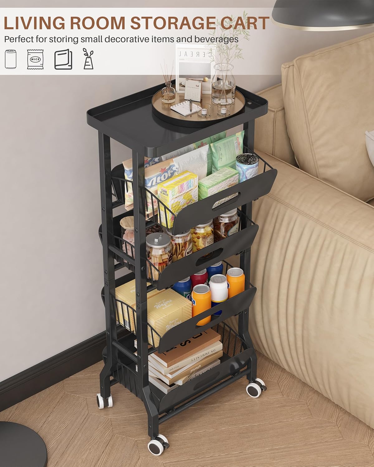 4 Tier Slim Fridge Side Cart with Slide Track Pull Out Baskets, Rolling Metal Kitchen Gap Storage Trolley