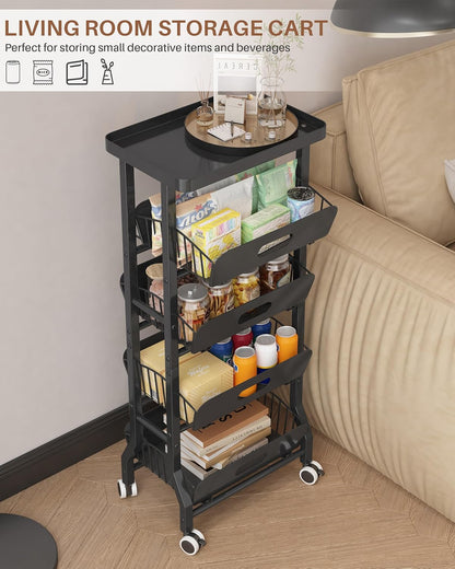 4 Tier Slim Fridge Side Cart with Slide Track Pull Out Baskets, Rolling Metal Kitchen Gap Storage Trolley