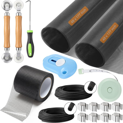 18 Pcs 48"x118" Window Screen Repair Kit Included 2 Rolls Fiberglass Mesh 4"x30ft Screen Repair Tape 8 Clips with Spline, Double Wheel Roller, Hook, Measuring Tape, and Cutter for Door Window