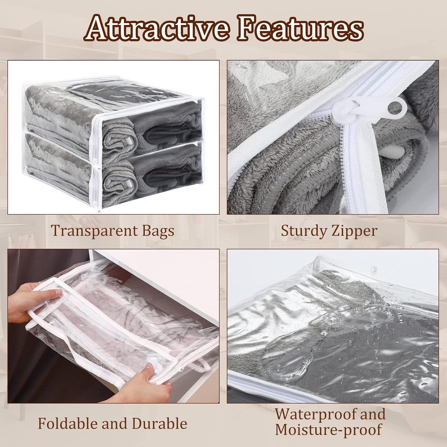 Kingdder 16 Pcs Clear Zippered Storage Bags Plastic Sweater Bags with Zipper 10 x 10 x 2.5 Inch Vinyl Sheet Organizer and Storage for Clothing Blankets Sheet Linen Bed Pillow Cube Organizer