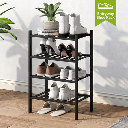BMOSU 2-Tier Bamboo Small Shoe Rack Premium Stackable Shoe Shelf Storage Organizer for Hallway Closet Living Room Entryway Organizer (Black Bamboo)