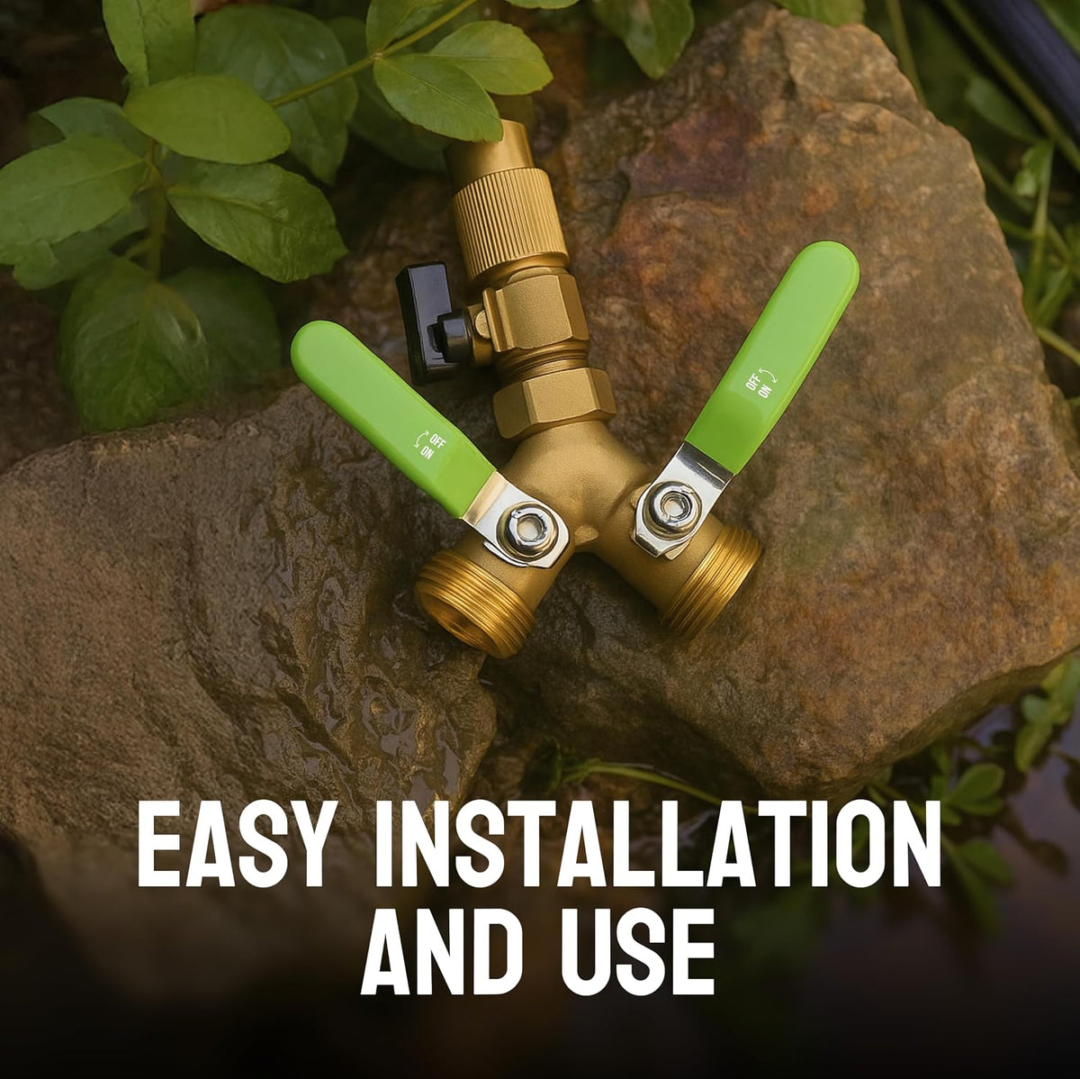 2 Way Hose Splitter Heavy Duty - Metal Y Garden Hose Splitter with Shutoff Valves, Brass Outdoor Faucet Adapter for Spigot, 3/4 Inch GHT Water Hose Connector - Green