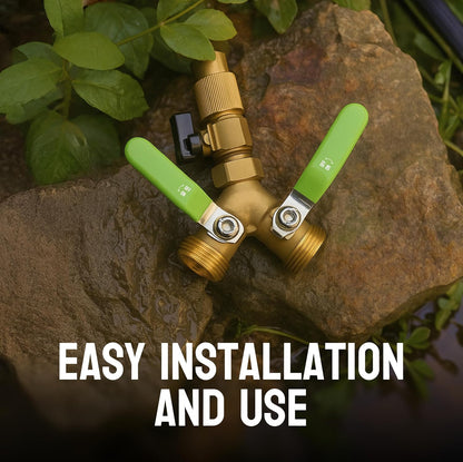 2 Way Hose Splitter Heavy Duty - Metal Y Garden Hose Splitter with Shutoff Valves, Brass Outdoor Faucet Adapter for Spigot, 3/4 Inch GHT Water Hose Connector - Green