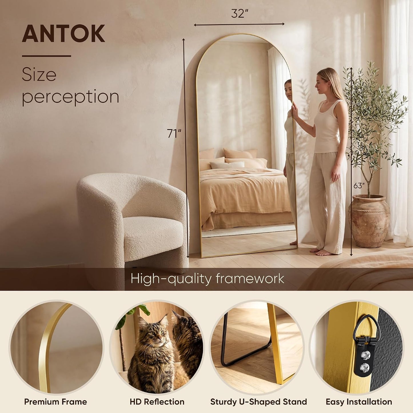 Antok 58" x19” Arched Full Length Floor Mirror, Gold Aluminum Frame, Free Standing/Wall Mount/Leaning for Bedroom, Living Room, Dressing Room