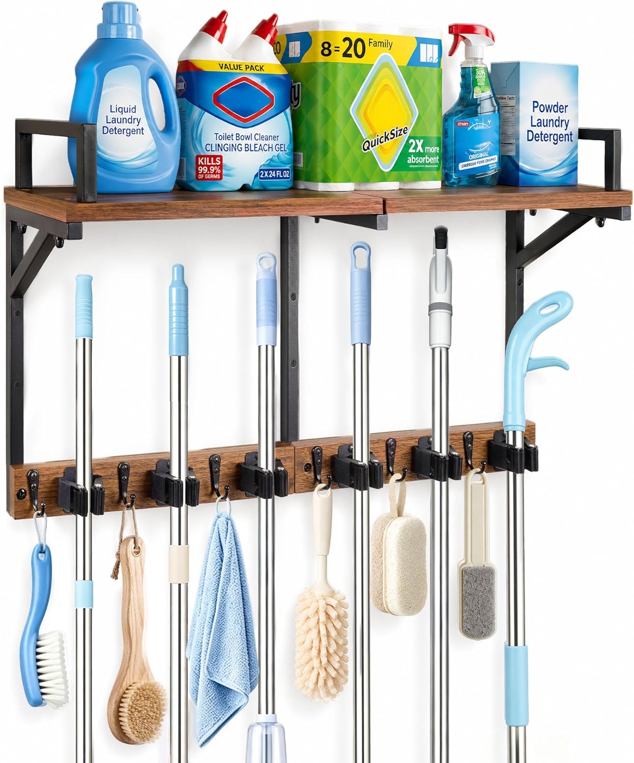 Lorbro Broom Holder Wall Mount with Cleaning Supplies Storage, Heavy Duty Broom and Mop Organizer Wall Hanging, Wooden Mop Organizer Hanger, 3 in 1 Storage Shelves for Laundry Room, Garage, Closet