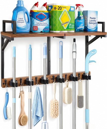 Lorbro Broom Holder Wall Mount with Cleaning Supplies Storage, Heavy Duty Broom and Mop Organizer Wall Hanging, Wooden Mop Organizer Hanger, 3 in 1 Storage Shelves for Laundry Room, Garage, Closet