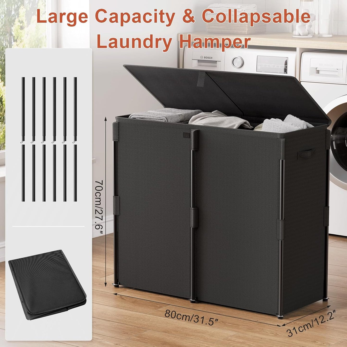 WOWLIVE 180L Laundry Hamper with Lid 3 Section, Large Laundry Basket with Removable Bags, Heavy Duty Metal Frame Dirty Clothes Hampers for Laundry, Laundry Basket Organizer for Laundry Room,Dorm,Black
